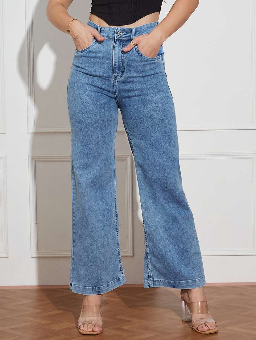 women solid high rise wide leg jeans
