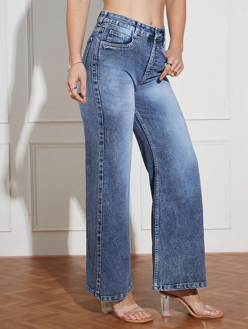 women solid high rise wide leg jeans