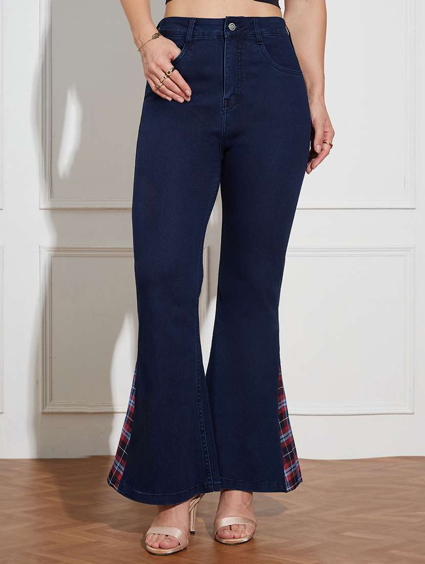 women high-rise dark wash bootcut jeans with plaid slit detail