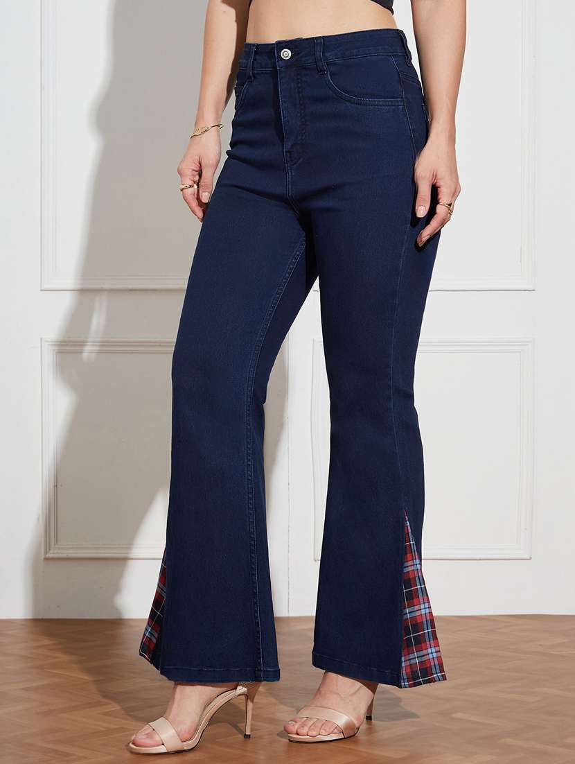 women high-rise dark wash bootcut jeans with plaid slit detail - 22402953 -  Standard Image - 2
