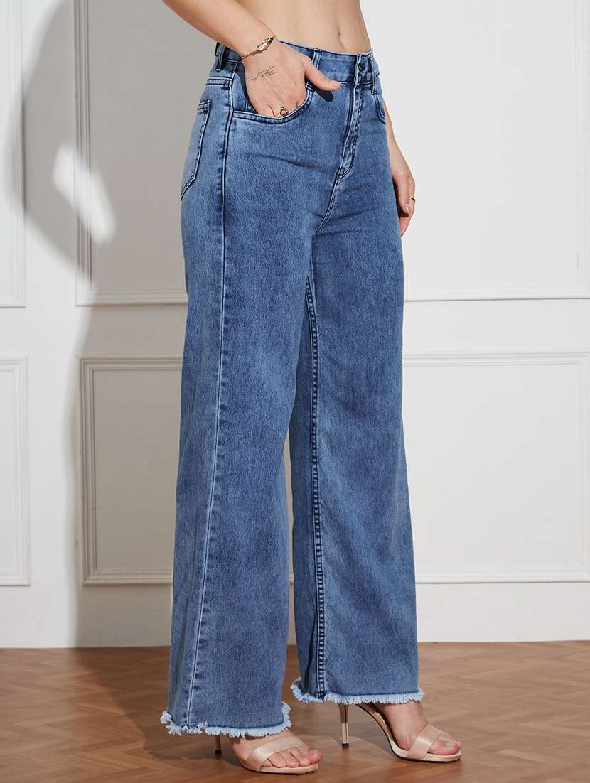 women solid high rise wide leg jeans