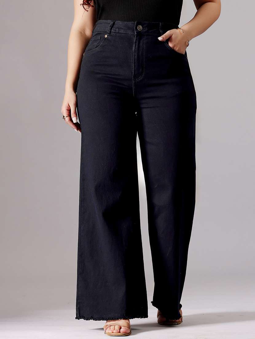 women solid high rise wide leg jeans