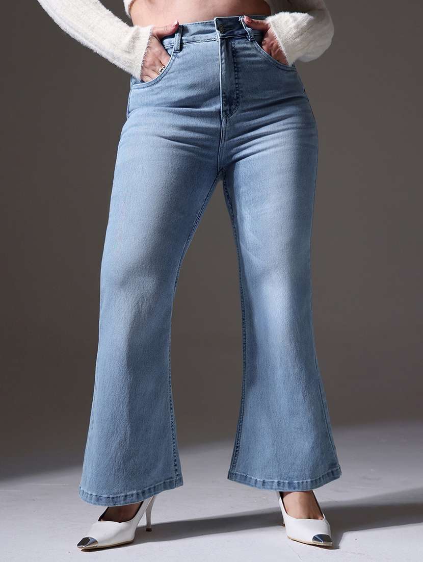 women solid high rise bootcut jeans