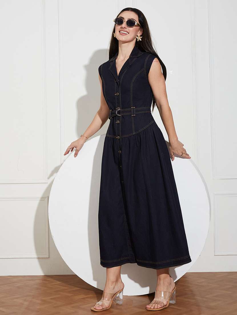 women solid sleeveless denim a-line dress