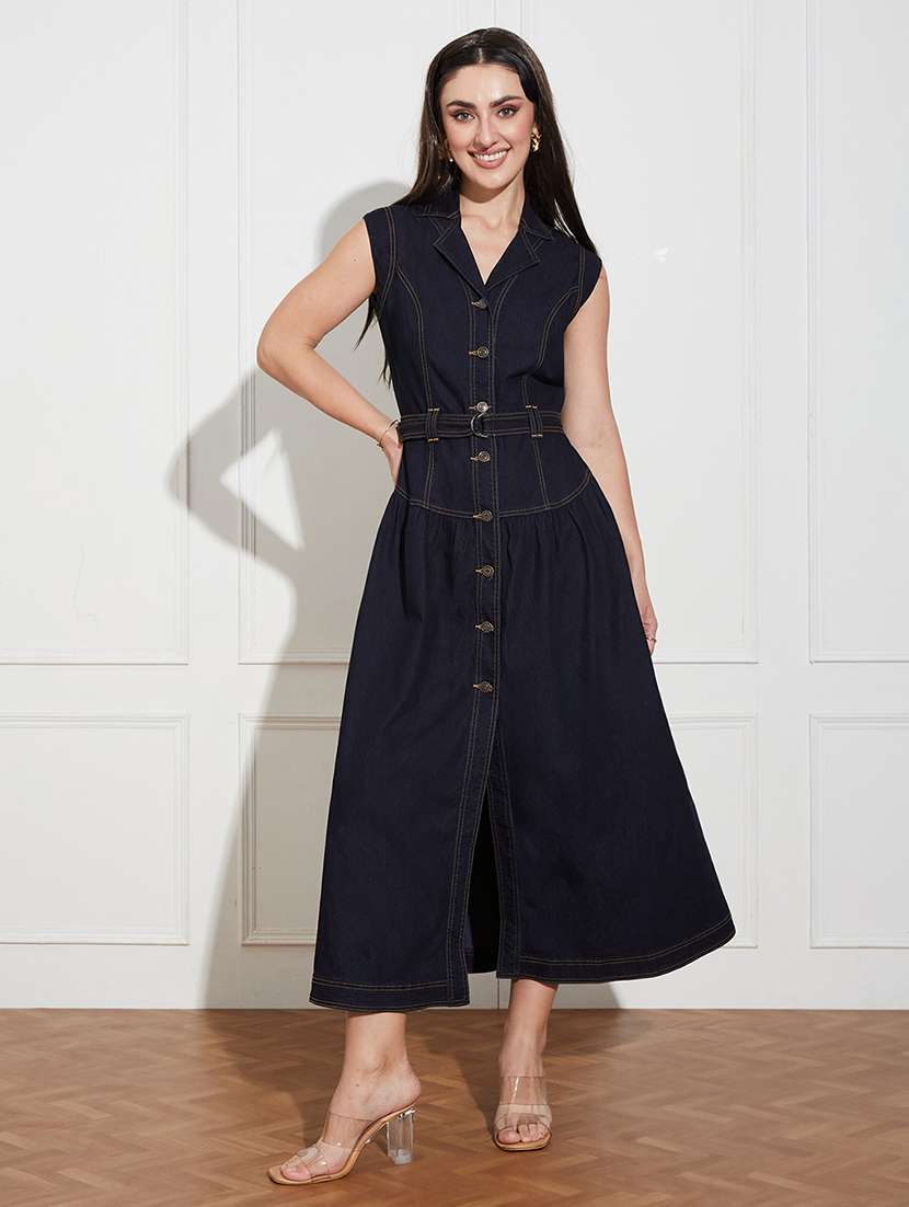 women solid sleeveless denim a-line dress - 22403190 -  Standard Image - 2