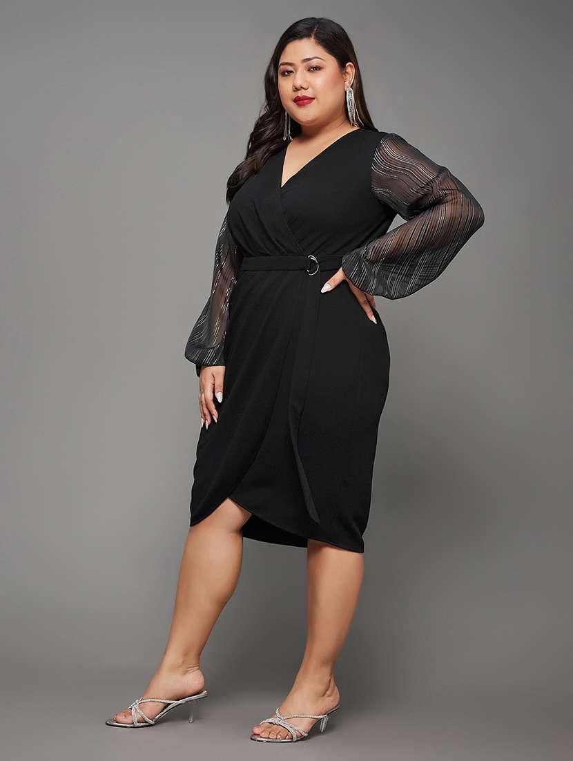 women plus size solid bishop sleeve wrap dress - 22403191 -  Standard Image - 2