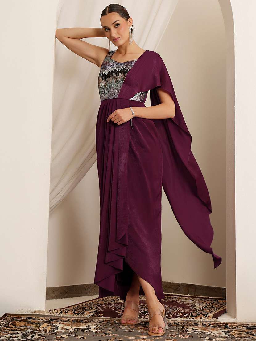 women sequined sleeveless drape over sheath dress