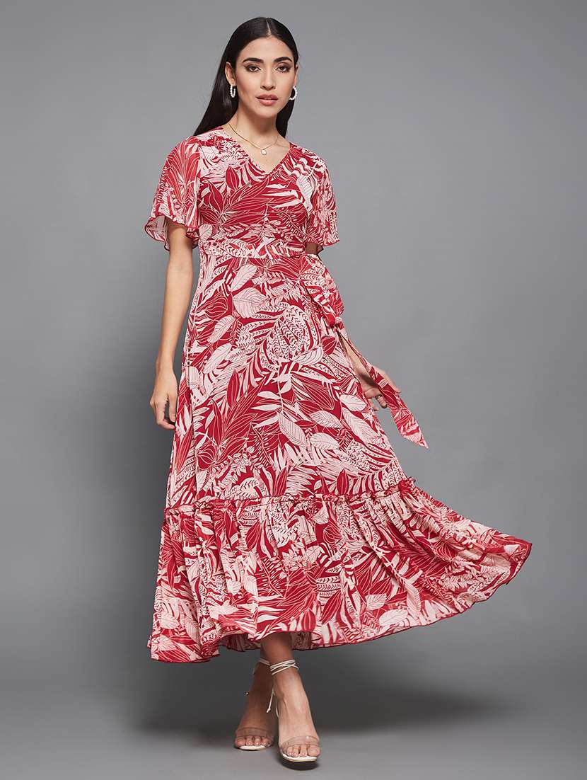 women printed flared sleeve wrap dress - 22403196 -  Standard Image - 2