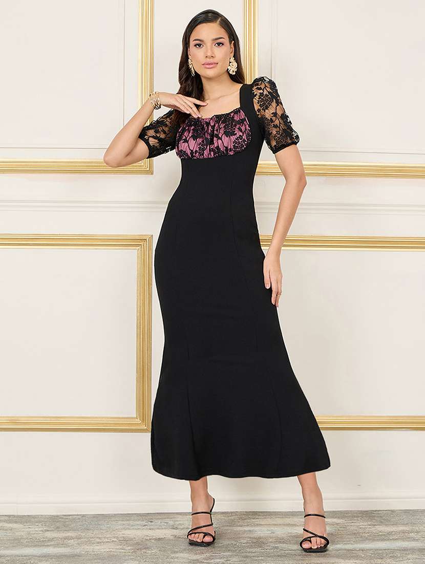 women solid puff sleeve lace bodycon dress