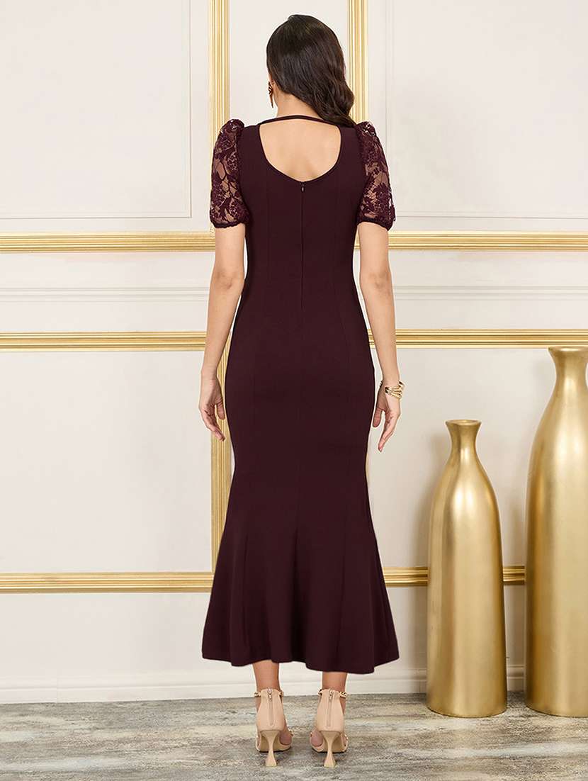 women solid puff sleeve lace bodycon dress - 22403199 -  Standard Image - 2