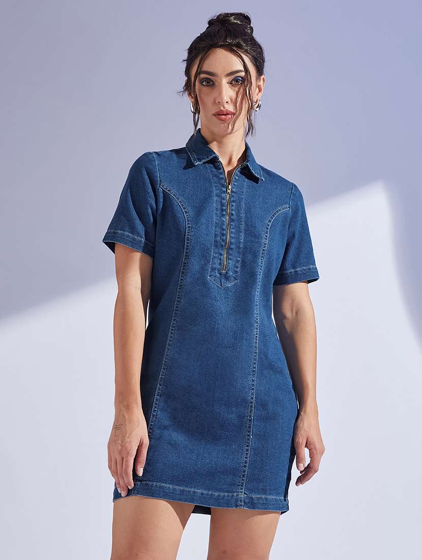 women solid collared denim sheath dress - 22403209 -  Standard Image - 2