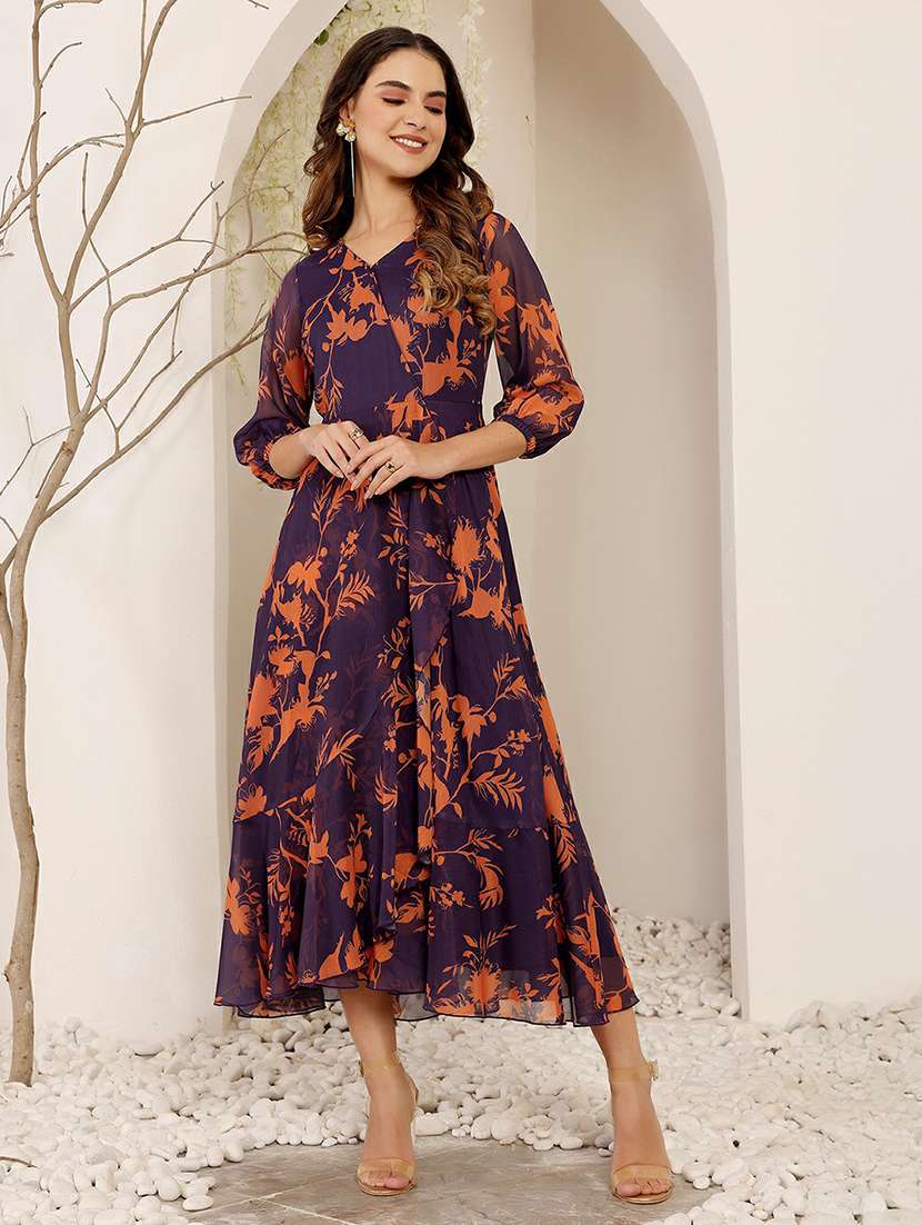 women printed three quarter sleeve tiered dress
