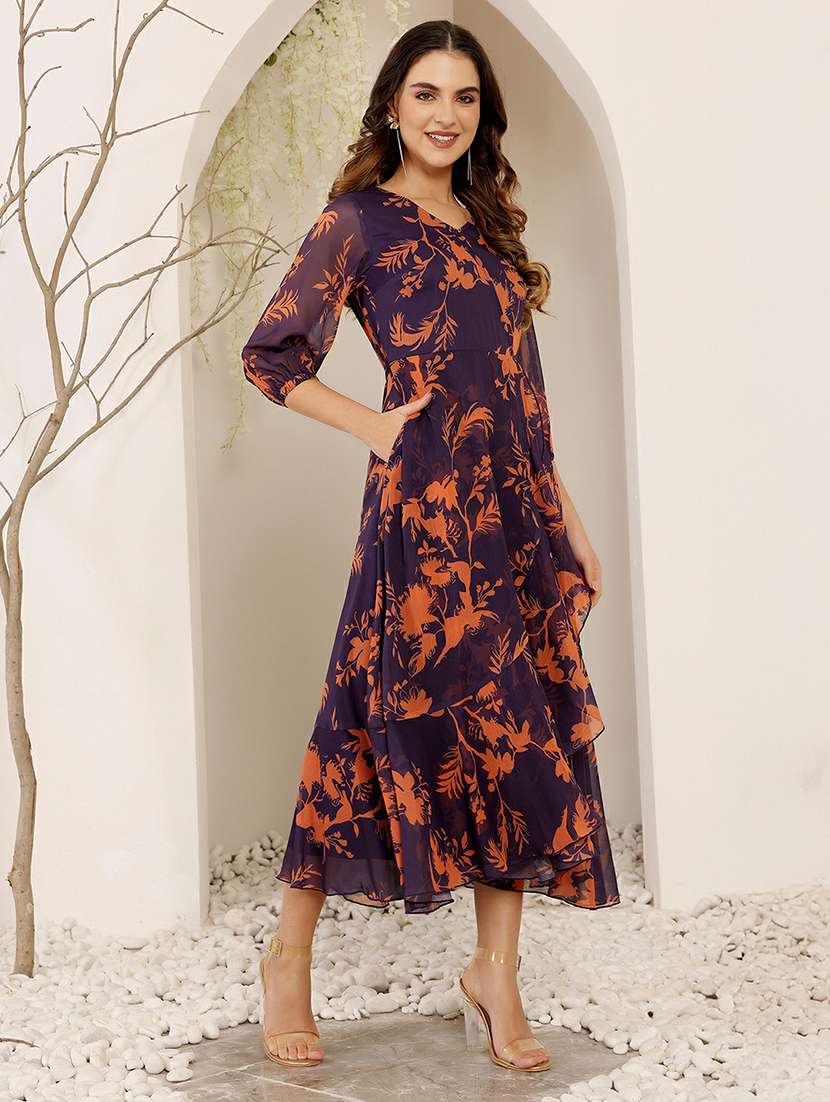 women printed three quarter sleeve tiered dress - 22403218 -  Standard Image - 2