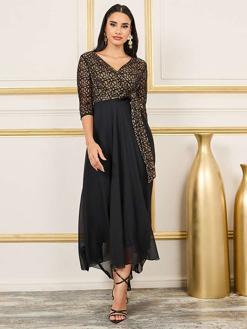 women self designed overlap neck lace fit & flare dress