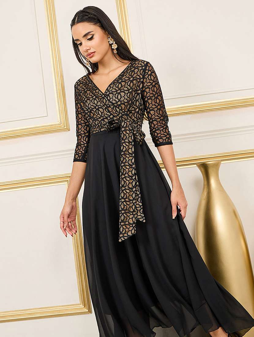 women self designed overlap neck lace fit & flare dress - 22403224 -  Standard Image - 2