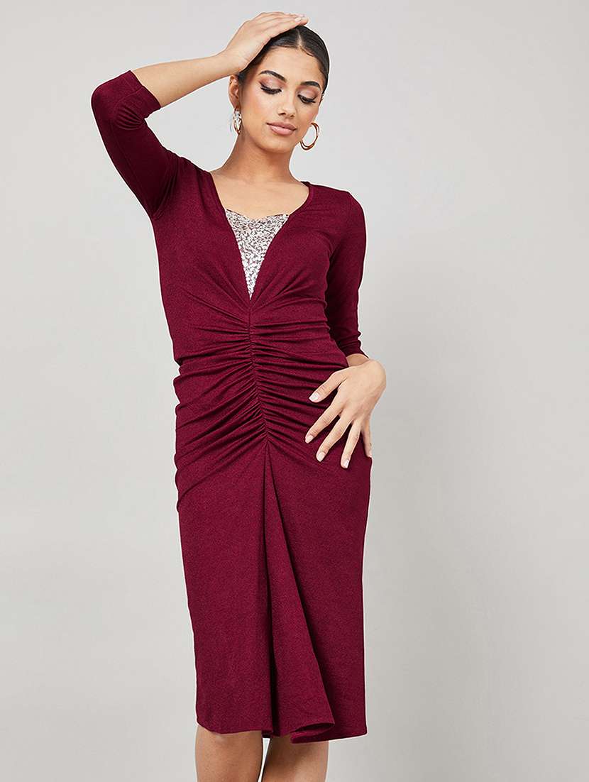 women solid three quarter sleeve sheath dress - 22403243 -  Standard Image - 2