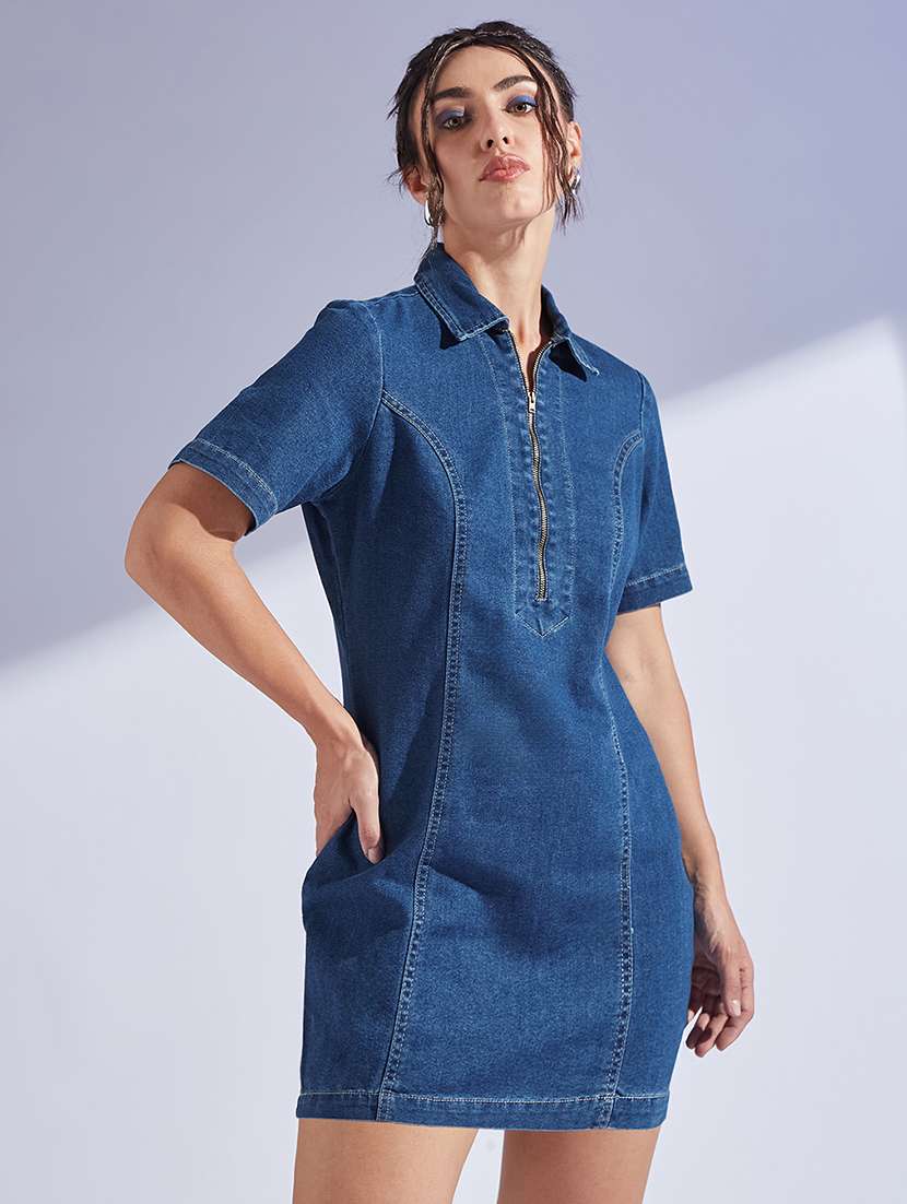 women solid collared short sleeve sheath dress