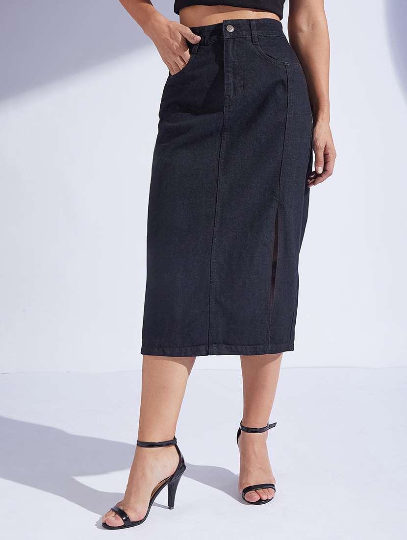 women solid high rise straight skirt