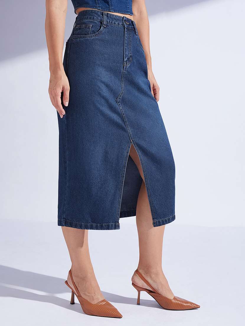 women solid high rise denim bodycon skirt - 22403320 -  Standard Image - 2