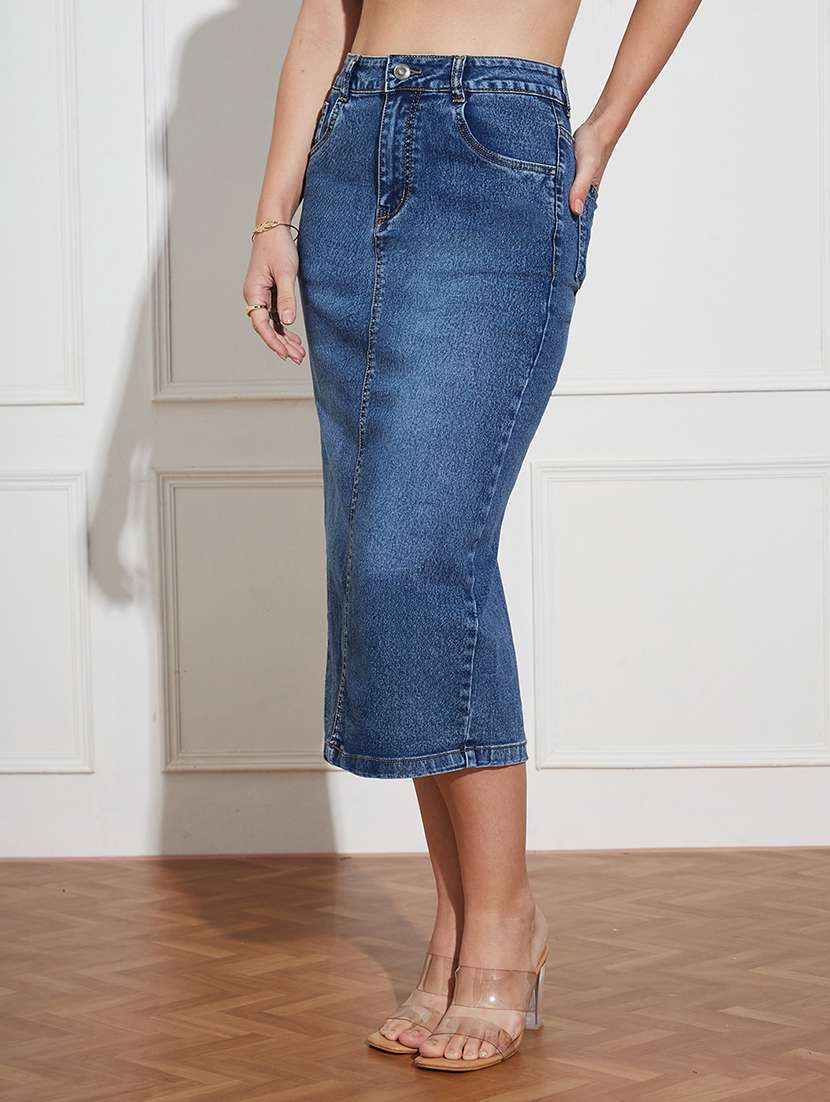 women solid high rise denim bodycon skirt - 22403327 -  Standard Image - 2