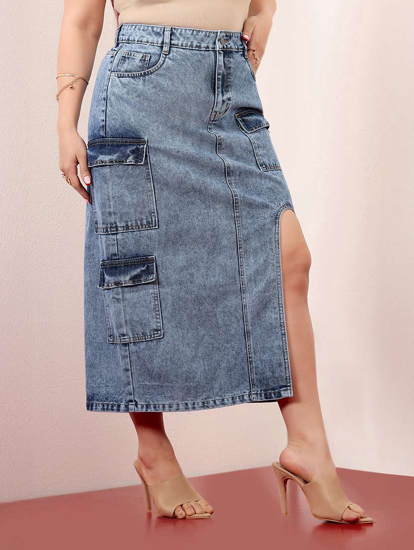 women solid high rise denim cargo skirt - 22403338 -  Standard Image - 2