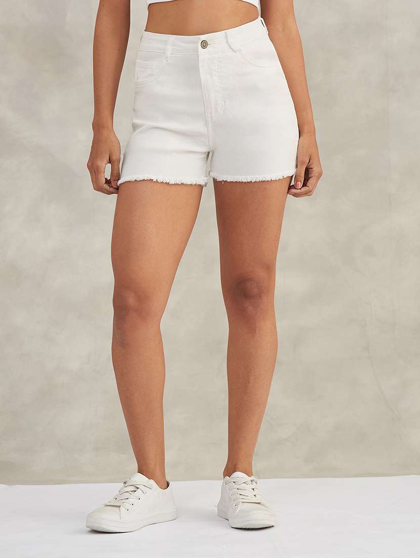 women solid high rise denim shorts