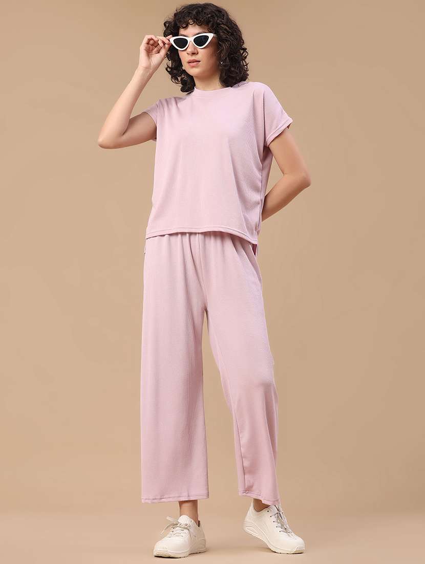 women solid short sleeves top and trouser co-ord set