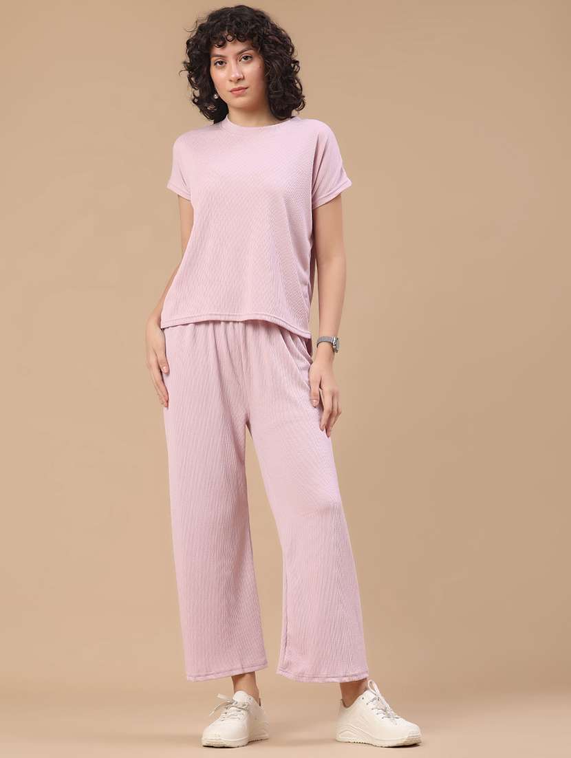 women solid short sleeves top and trouser co-ord set - 22403779 -  Standard Image - 2