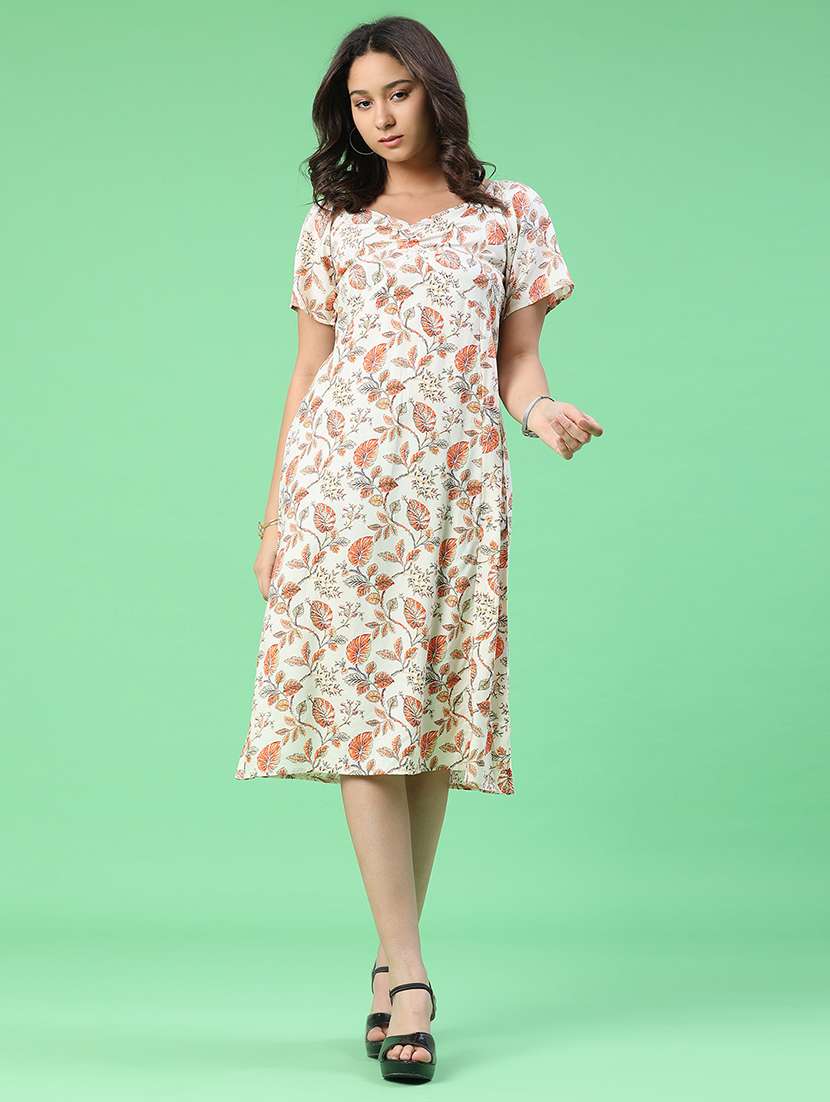 women printed short sleeves a-line dress