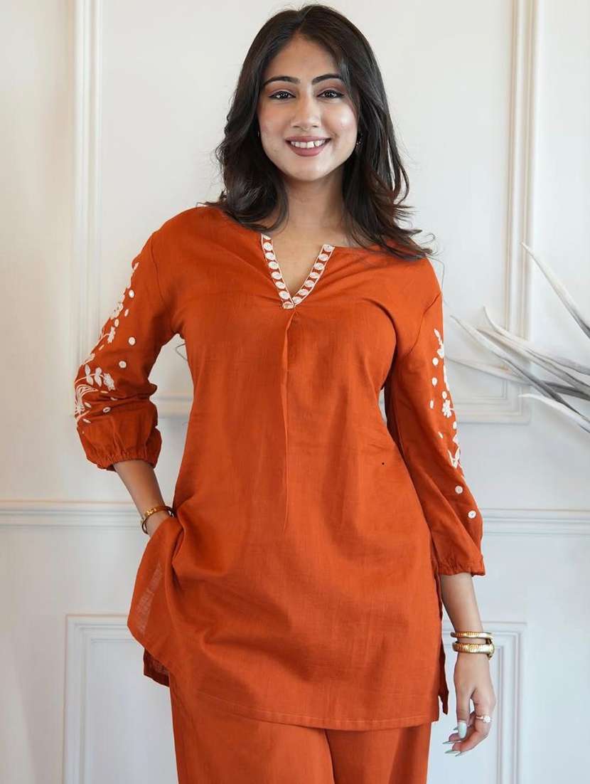 women solid with work three quarter sleeve ethnic co-ord set