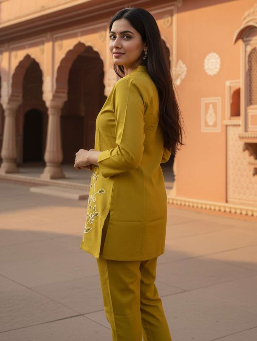 women solid with work three quarter sleeve ethnic co-ord set - 22404014 -  Standard Image - 2