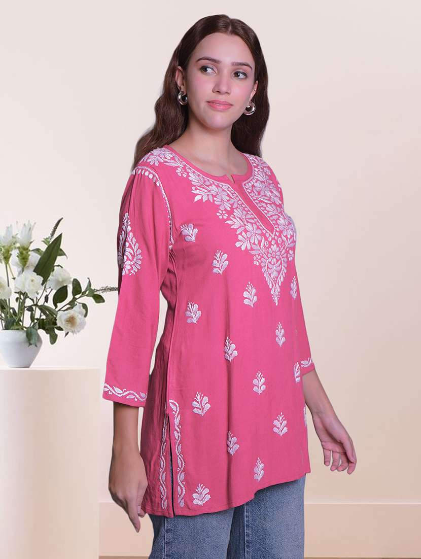 women chikankari three quarter sleeve straight kurti - 22404109 -  Standard Image - 2