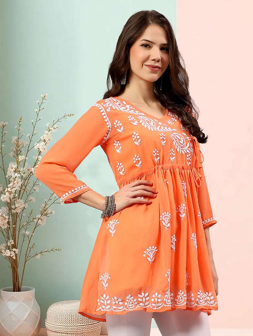 women chikankari three quarter sleeve angrakha kurta - 22404114 -  Standard Image - 2