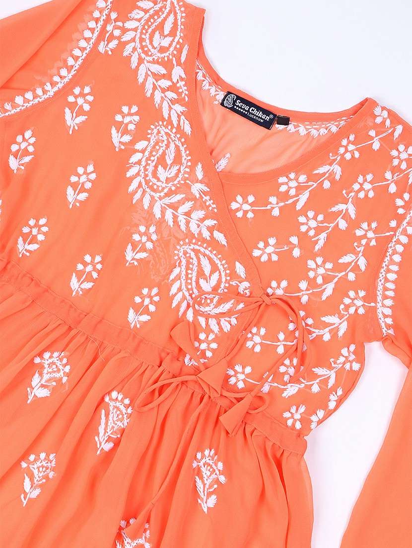 women chikankari three quarter sleeve angrakha kurta - 22404114 -  Standard Image - 7