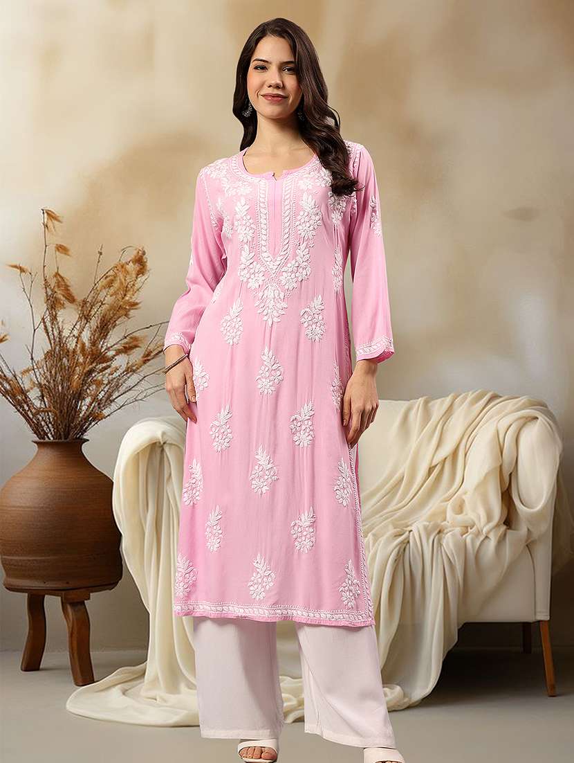 women chikankari long sleeve straight kurta