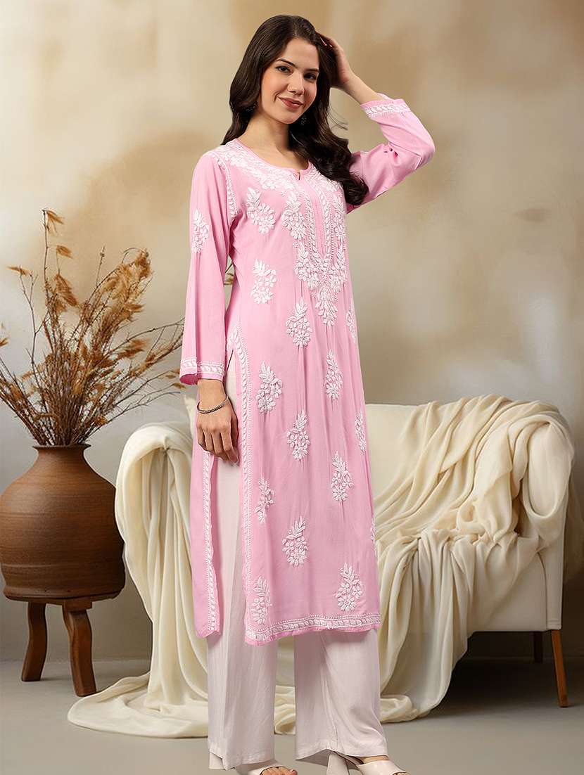 women chikankari long sleeve straight kurta - 22404115 -  Standard Image - 2