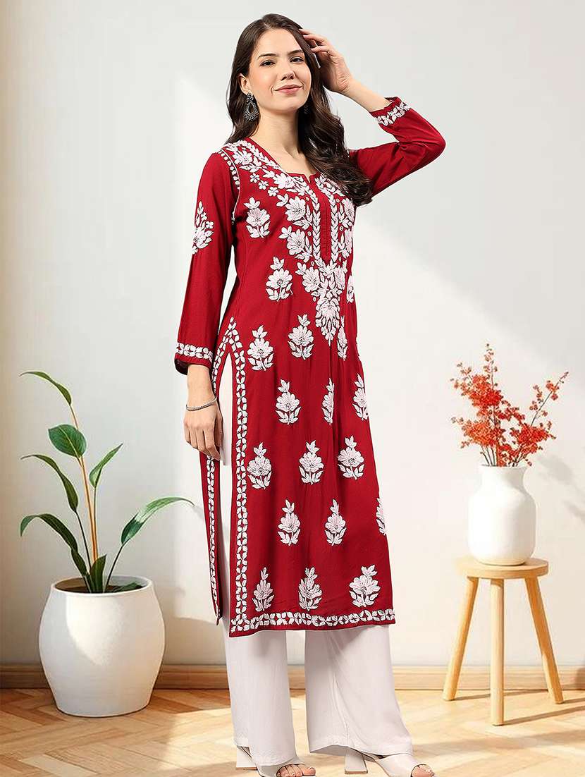women chikankari long sleeve straight kurta - 22404117 -  Standard Image - 2