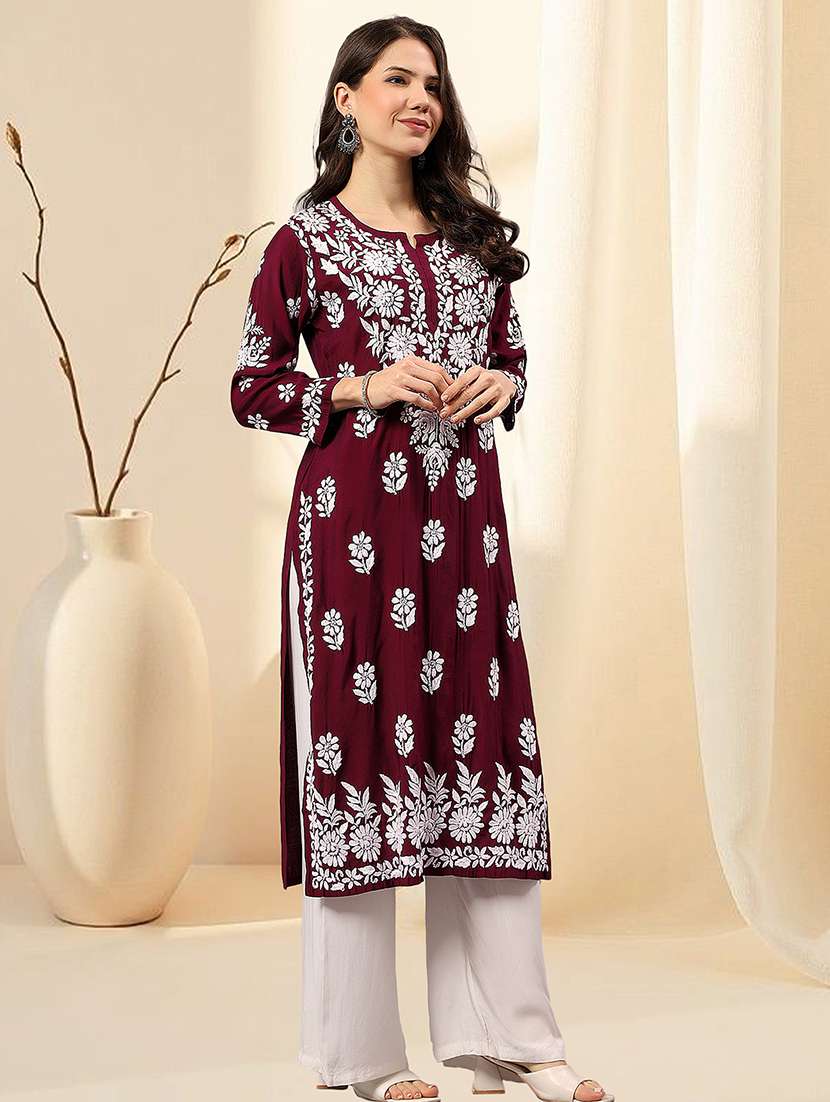 women chikankari long sleeve straight kurta - 22404119 -  Standard Image - 2