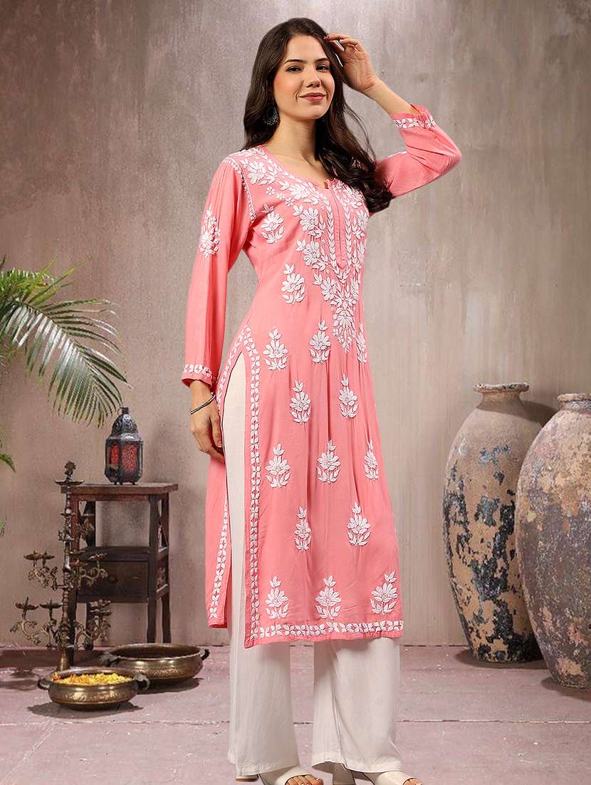 women chikankari long sleeve straight kurta - 22404120 -  Standard Image - 2