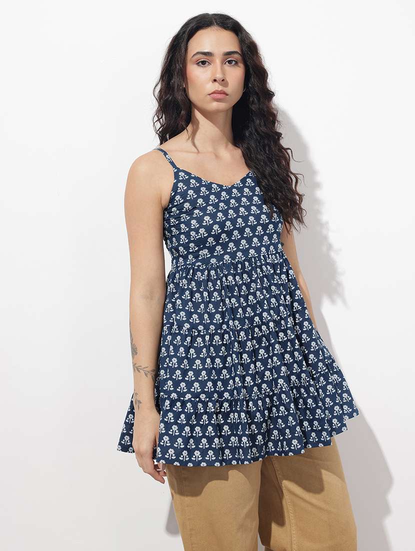 women printed shoulder strap flared kurti - 22404200 -  Standard Image - 2