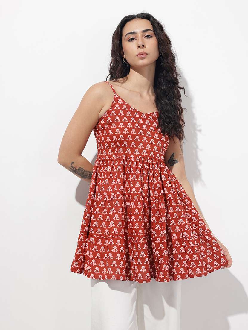 women printed shoulder strap flared kurti - 22404201 -  Standard Image - 2