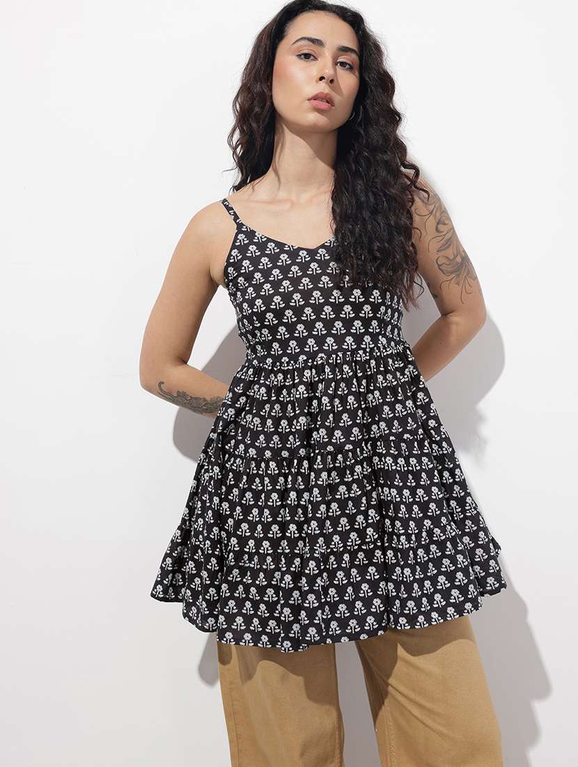 women printed shoulder strap flared kurti - 22404204 -  Standard Image - 2