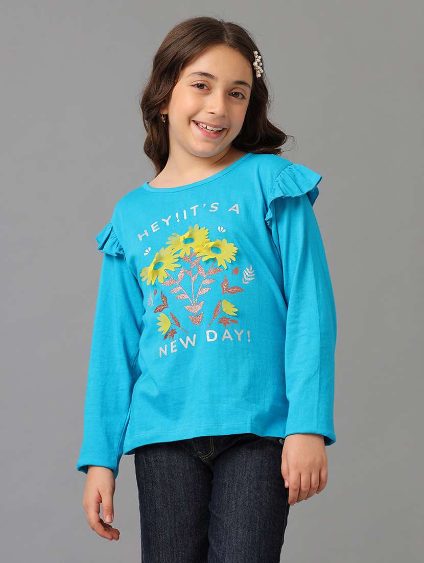 girl blue cotton jersey ruffled tee