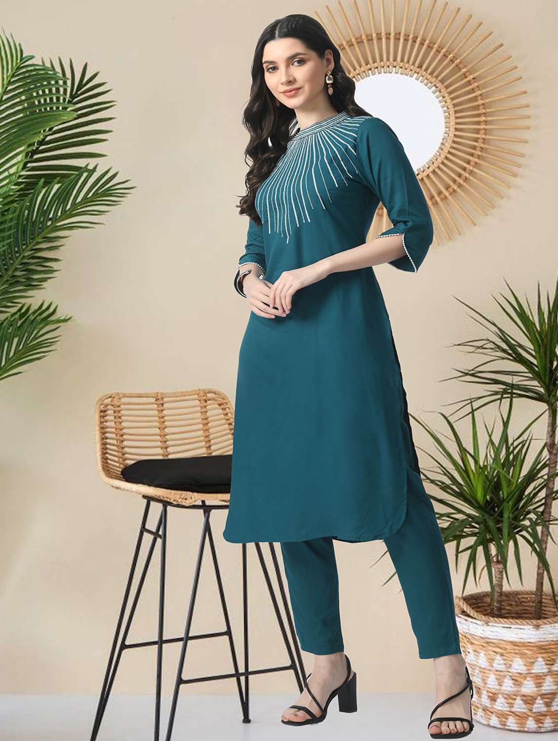 women solid with work three quarter sleeve kurta pant with dupatta set - 22404304 -  Standard Image - 2
