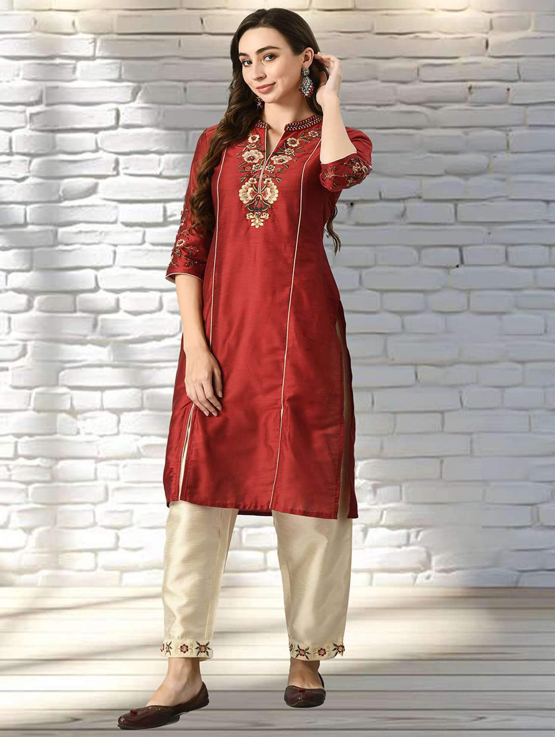 women solid with work three quarter sleeve kurta pant with dupatta set - 22404305 -  Standard Image - 2