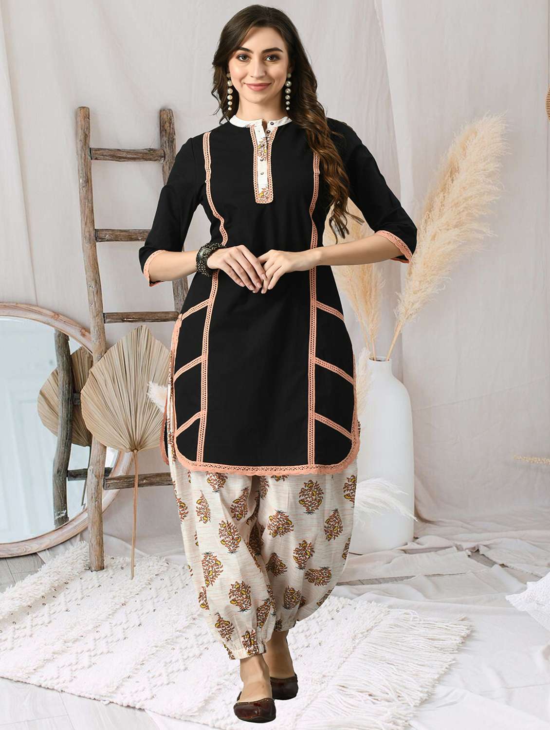 women solid with work three quarter sleeve kurta salwar set - 22404306 -  Standard Image - 2