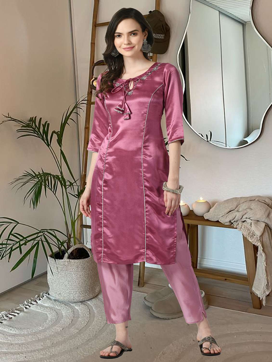 women solid with work three quarter sleeve kurta pant with dupatta set - 22404310 -  Standard Image - 2