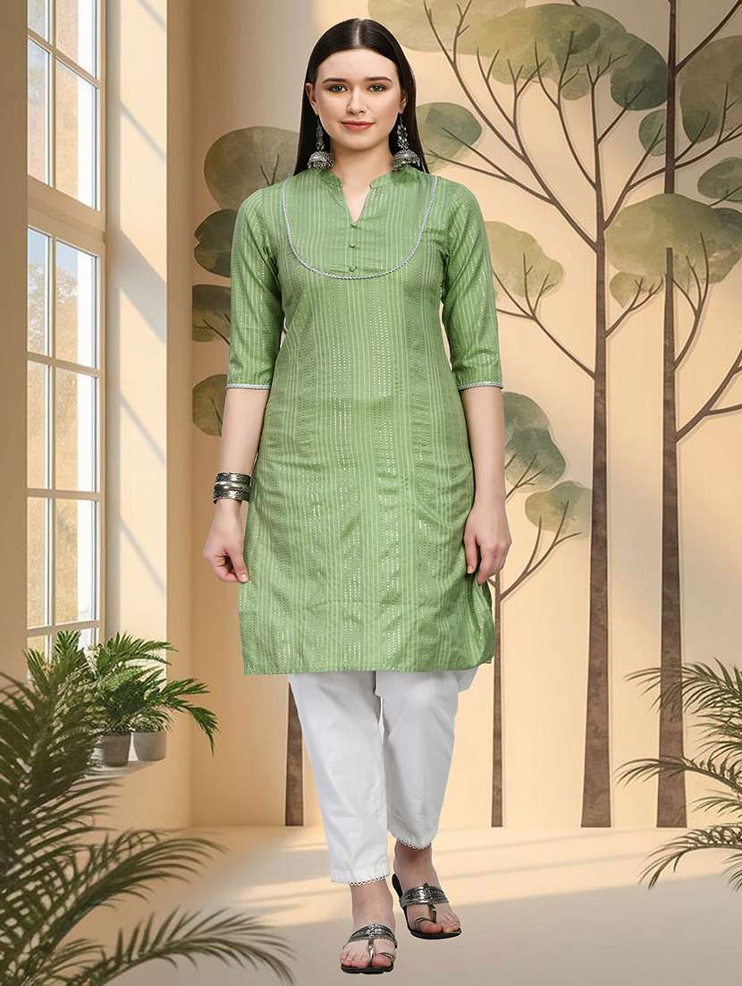 women self design three quarter sleeve straight kurta - 22404320 -  Standard Image - 2