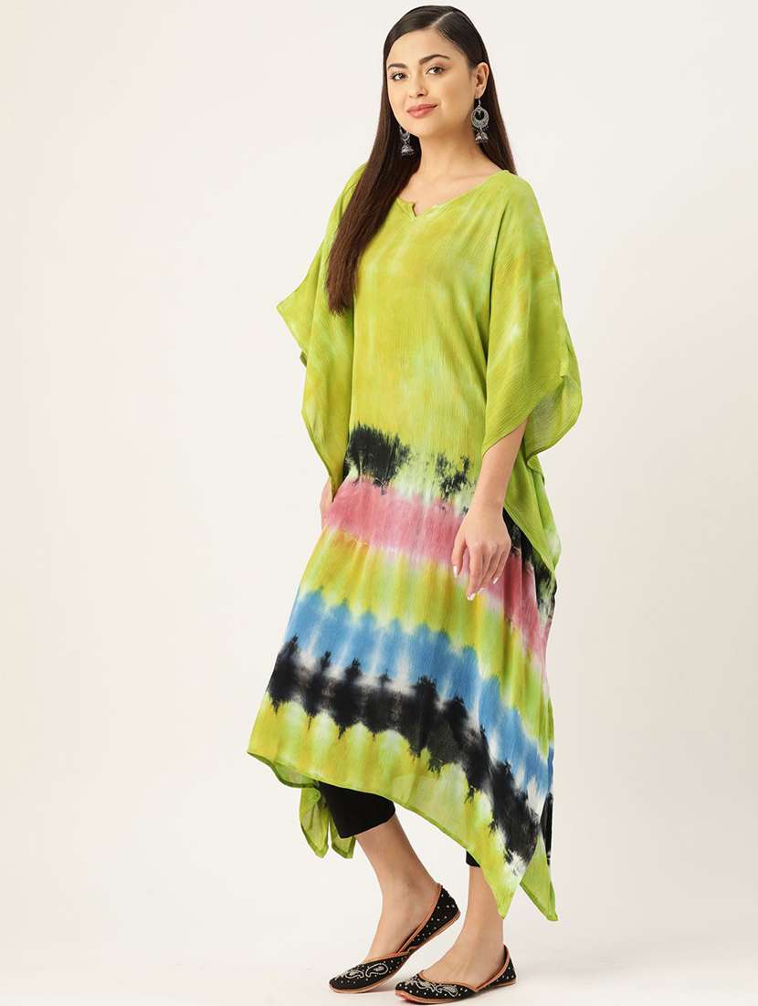 Women Tie & Dye Printed Kimono Sleeve Kaftan Kurta - 22406821 -  Standard Image - 2