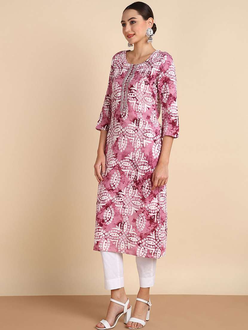women printed three quarter sleeve straight kurta - 22406849 -  Standard Image - 2